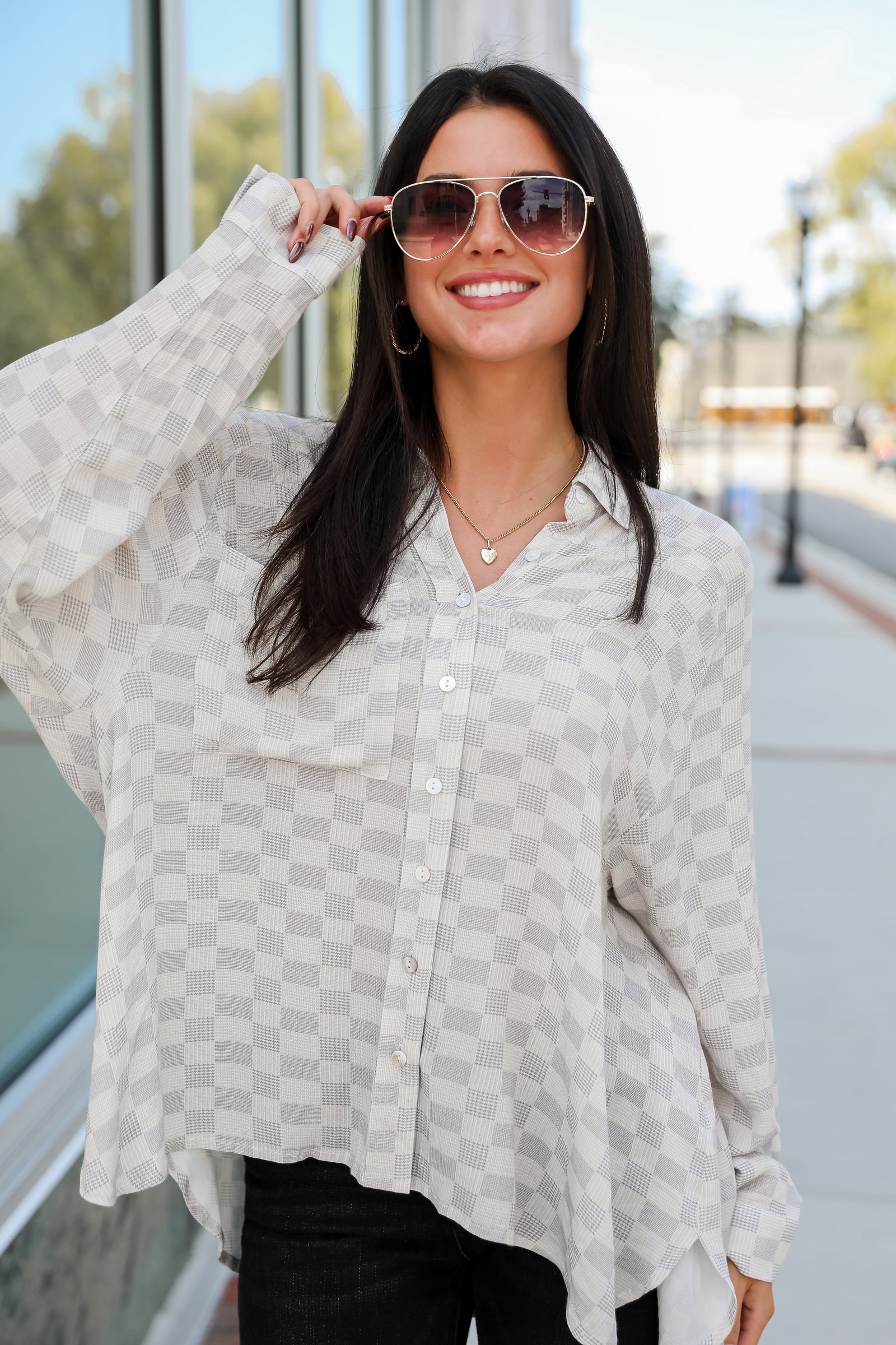 Truly A Beauty Natural Checkered Button-Up Blouse JR33