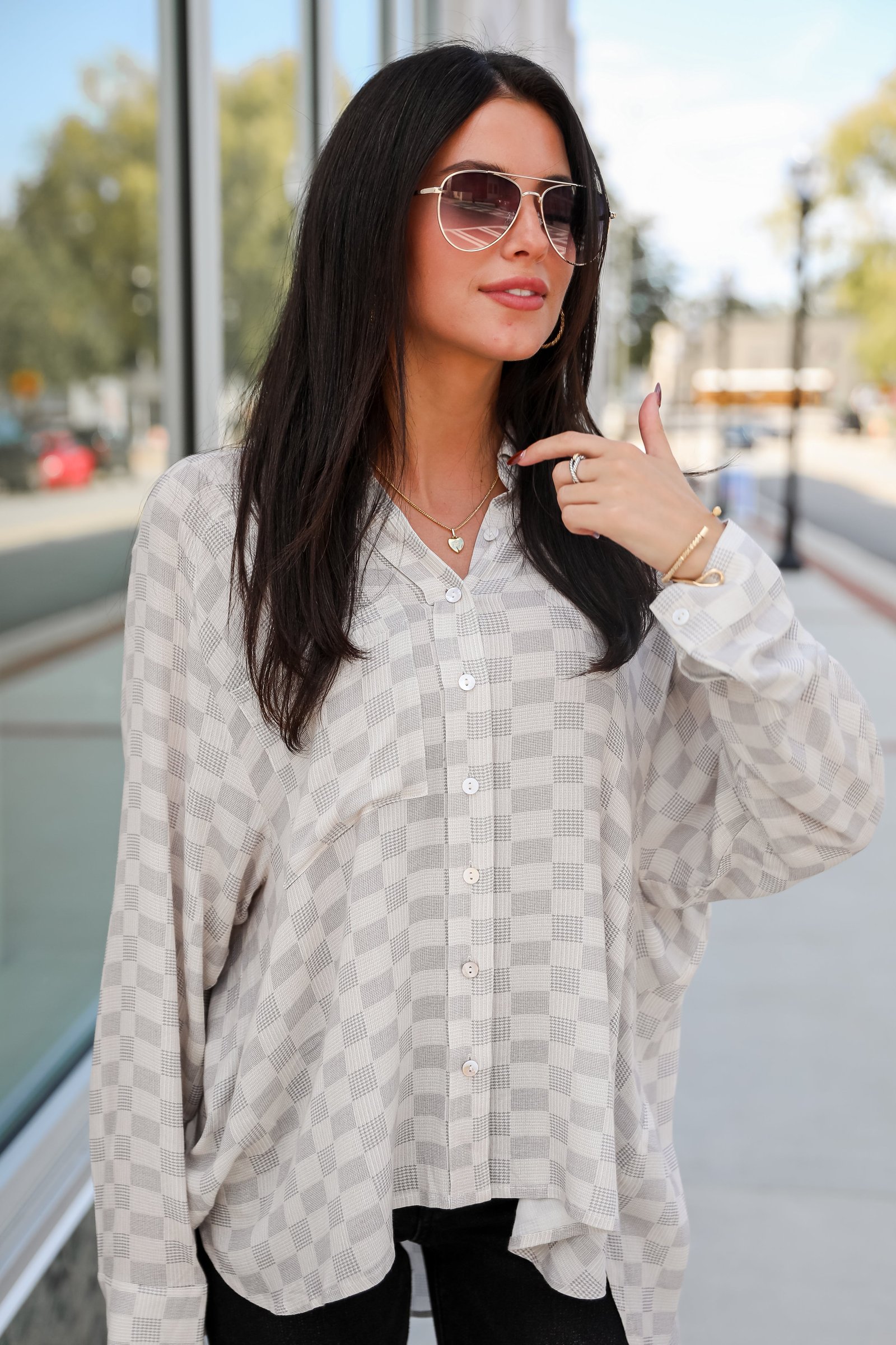 Truly A Beauty Natural Checkered Button-Up Blouse JR33