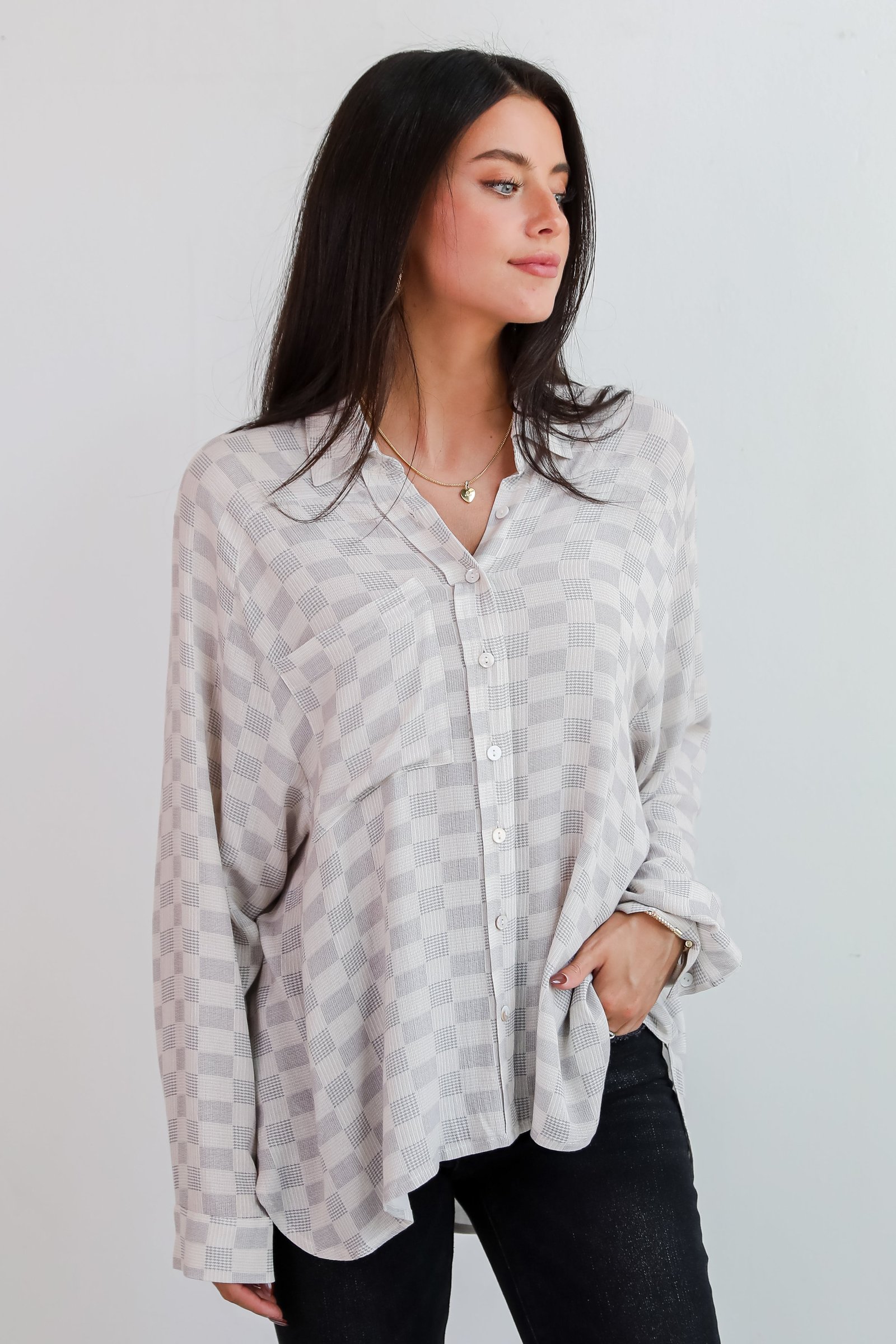 Truly A Beauty Natural Checkered Button-Up Blouse JR33