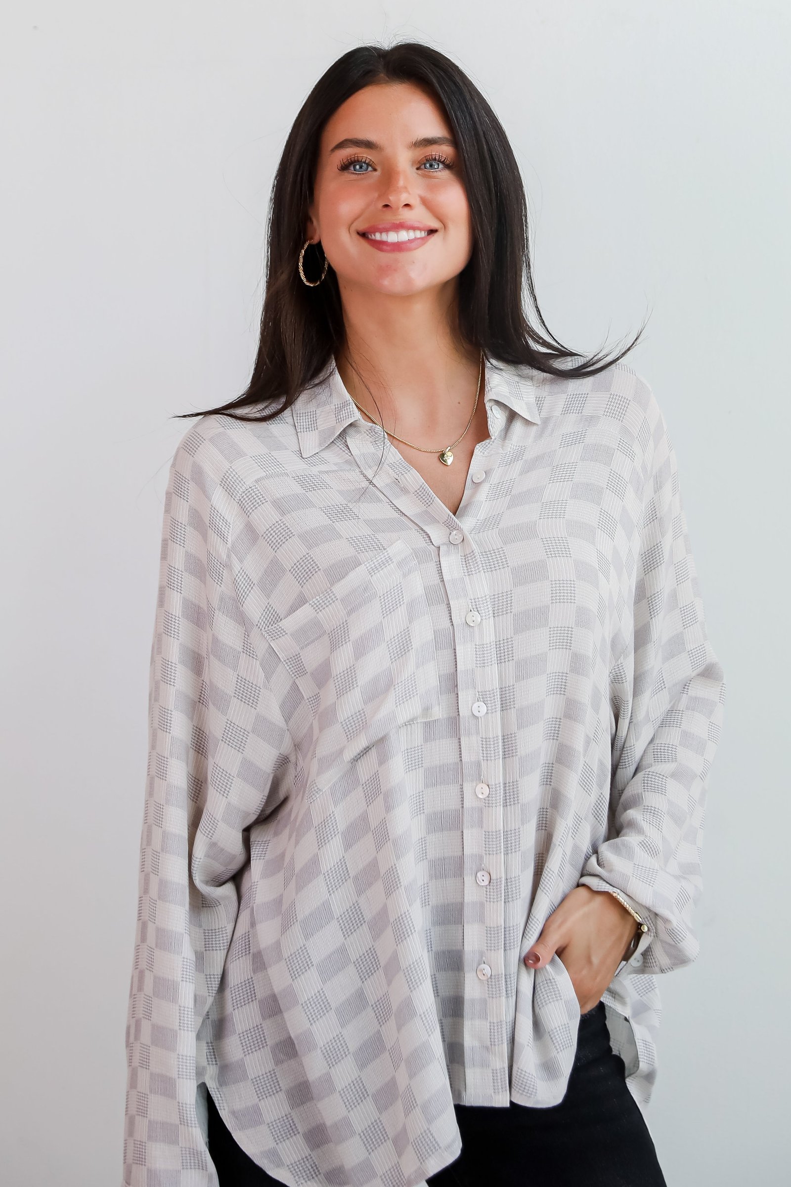 Truly A Beauty Natural Checkered Button-Up Blouse JR33