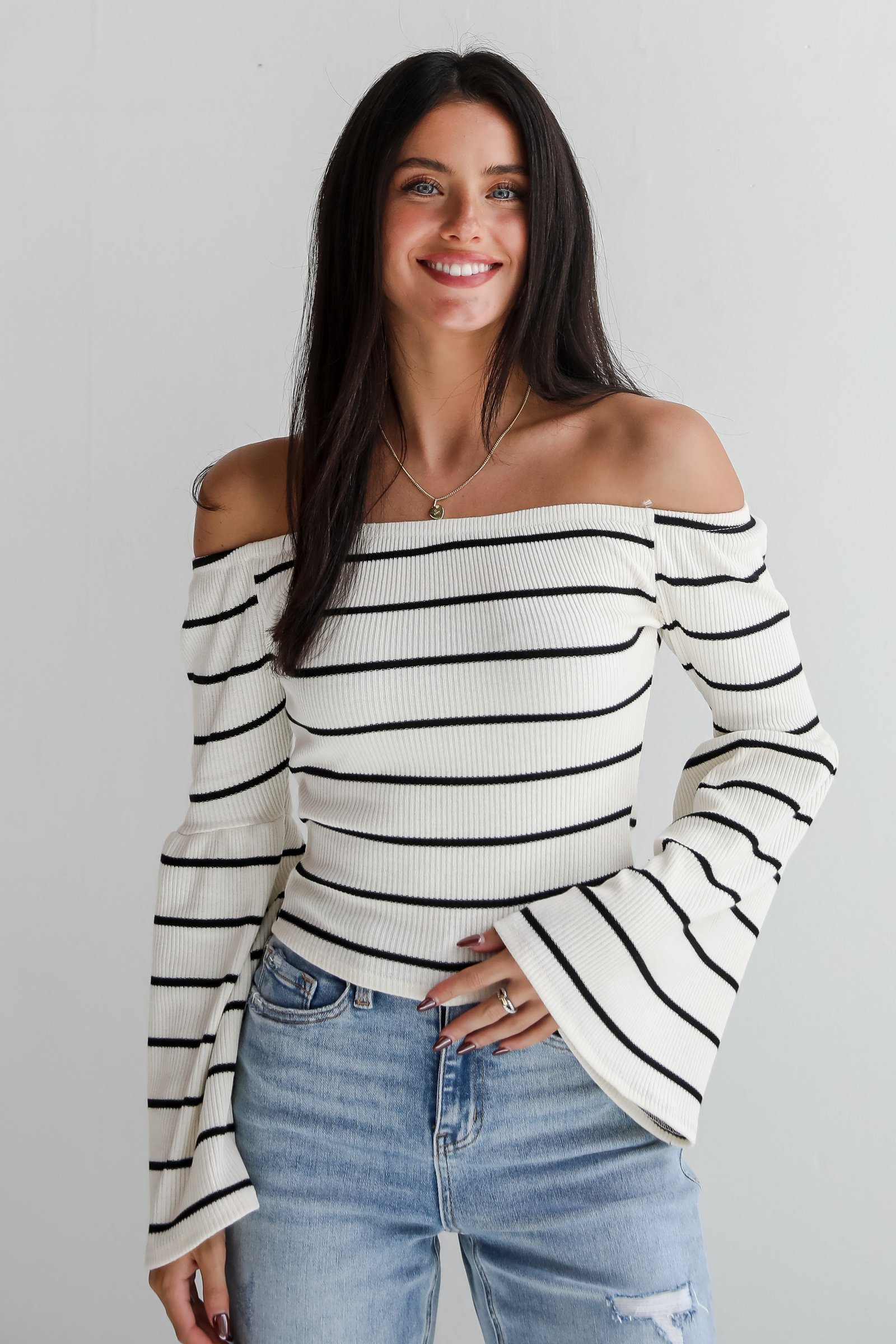 Coveted Favorite Cream Striped Off-The-Shoulder Knit Top JR35