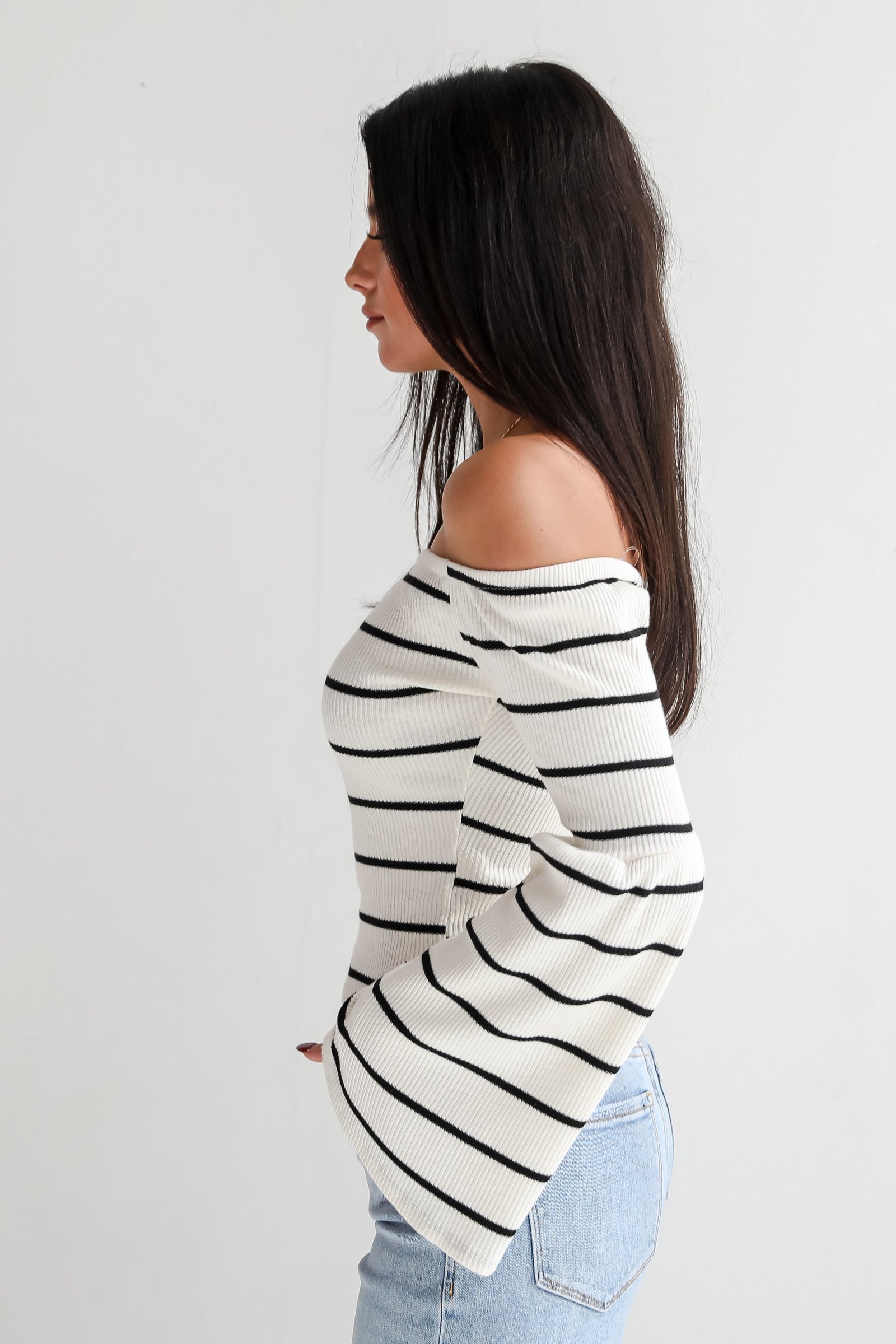 Coveted Favorite Cream Striped Off-The-Shoulder Knit Top JR35