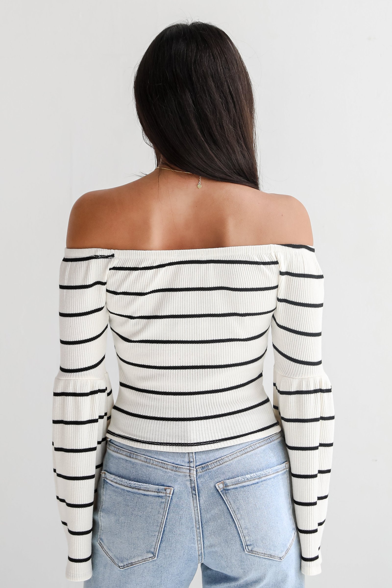 Coveted Favorite Cream Striped Off-The-Shoulder Knit Top JR35