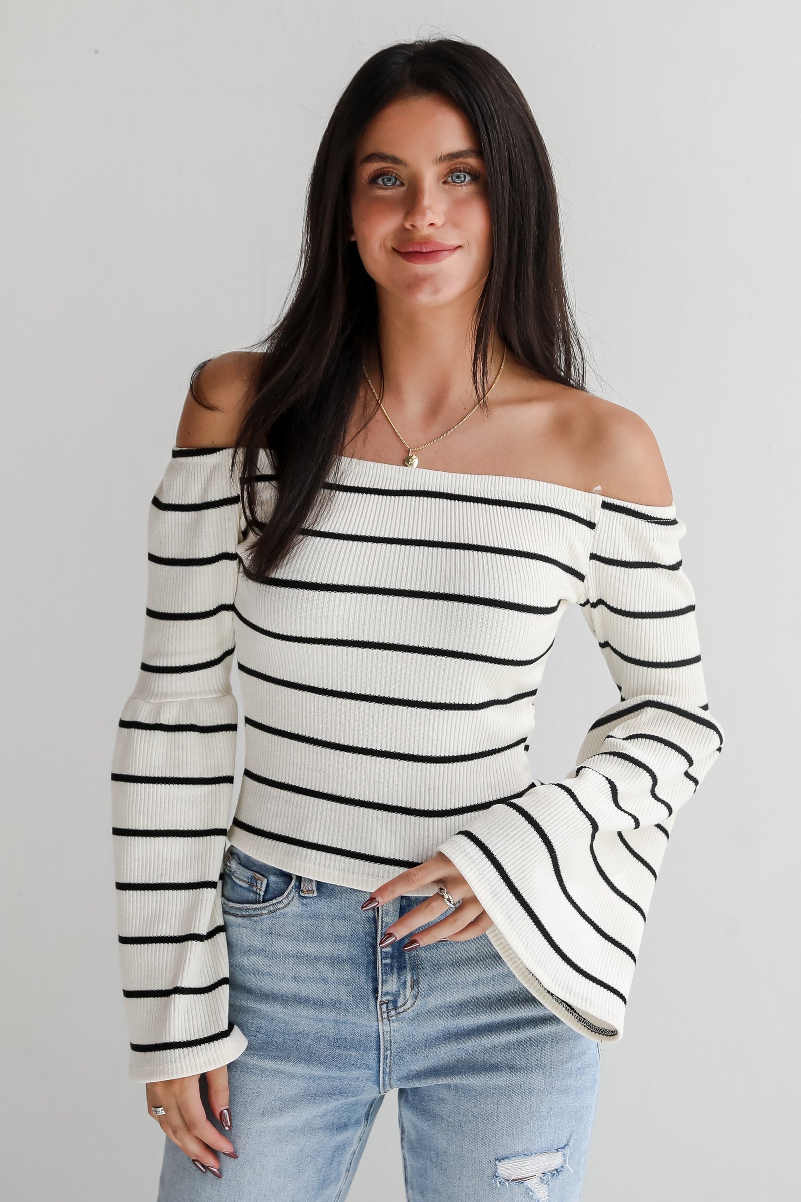 Coveted Favorite Cream Striped Off-The-Shoulder Knit Top JR35