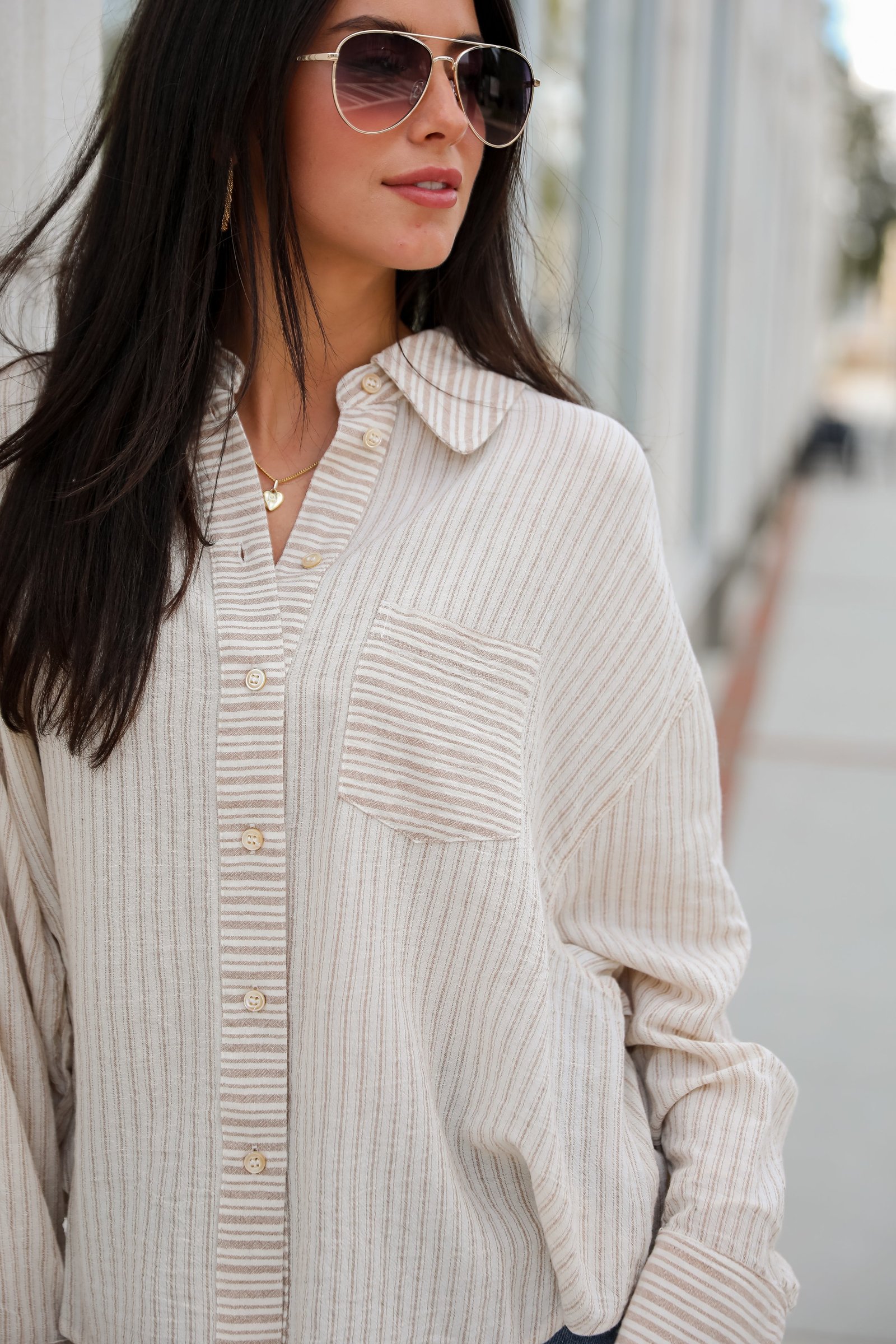 Adored Pose Taupe Striped Button-Up Blouse JR32