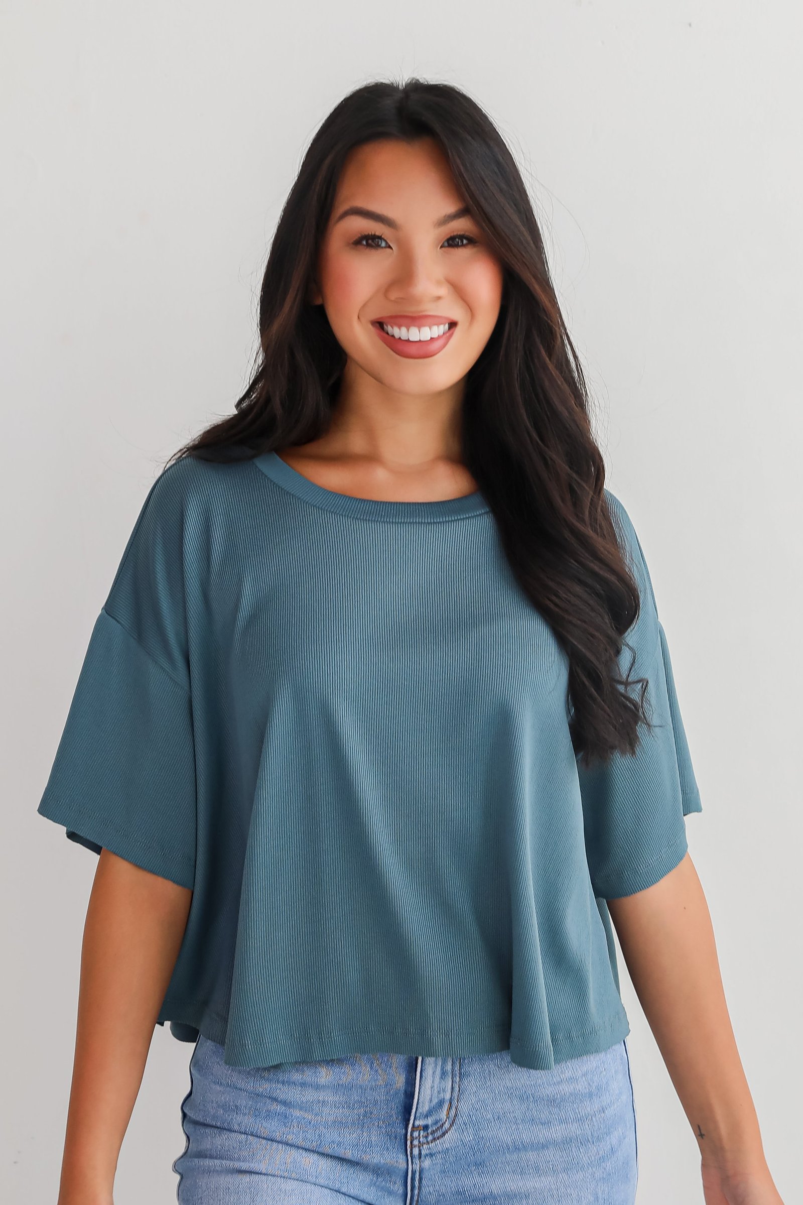 Catherine Teal Ribbed Knit Tee - DU DEAL JR20