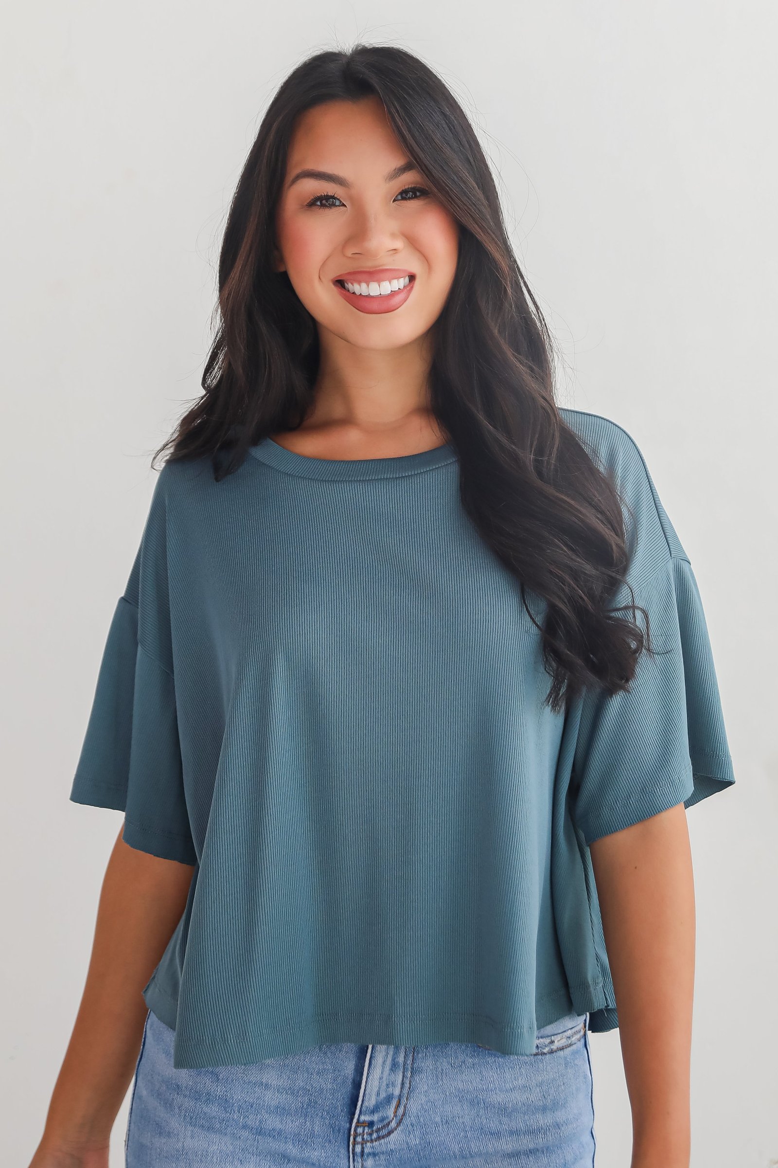 Catherine Teal Ribbed Knit Tee - DU DEAL JR20