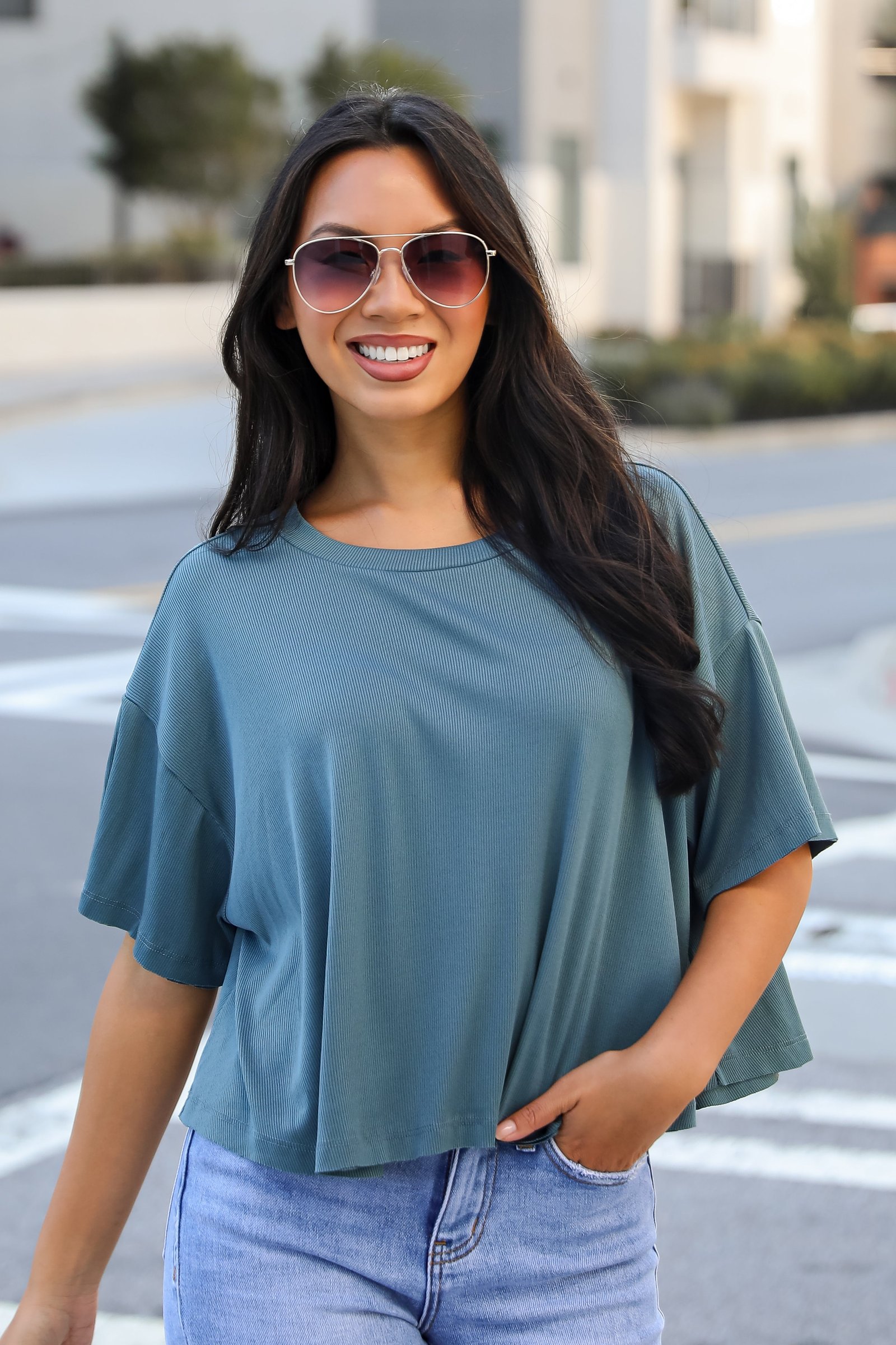 Catherine Teal Ribbed Knit Tee - DU DEAL JR20