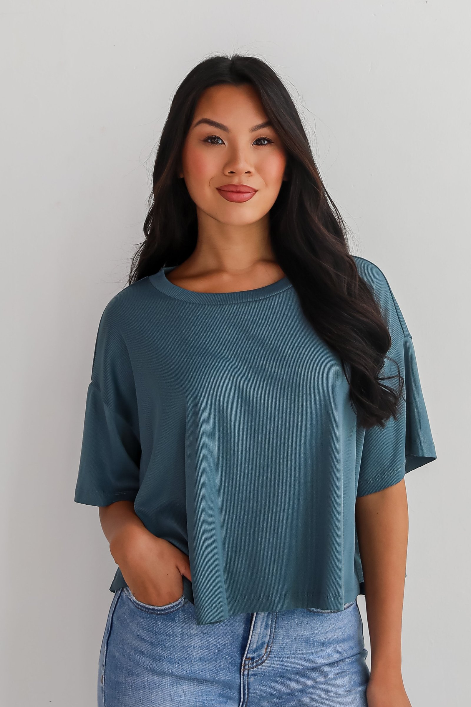 Catherine Teal Ribbed Knit Tee - DU DEAL JR20