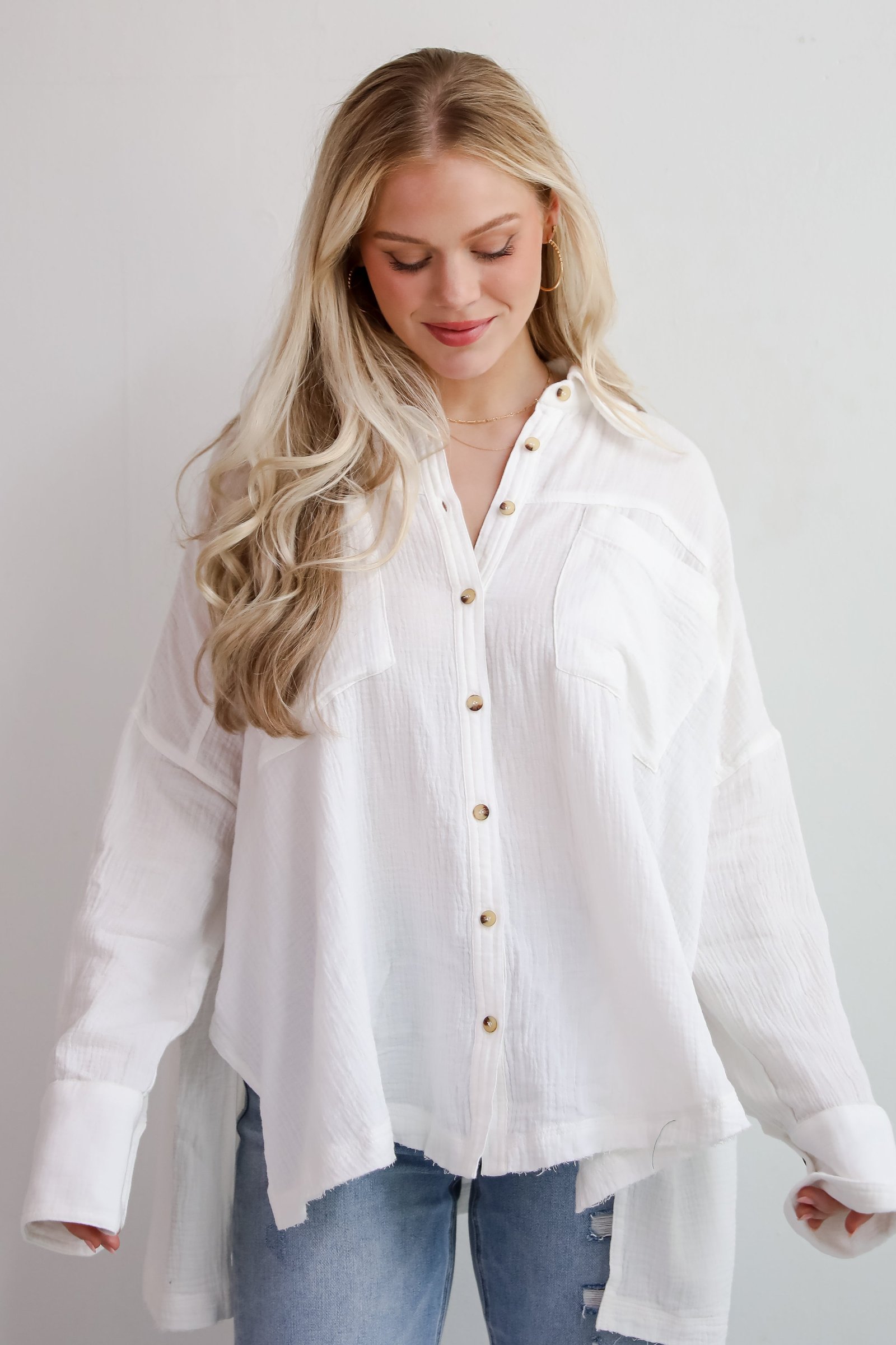 Adorable Attention White Linen Button-Up Blouse JR31